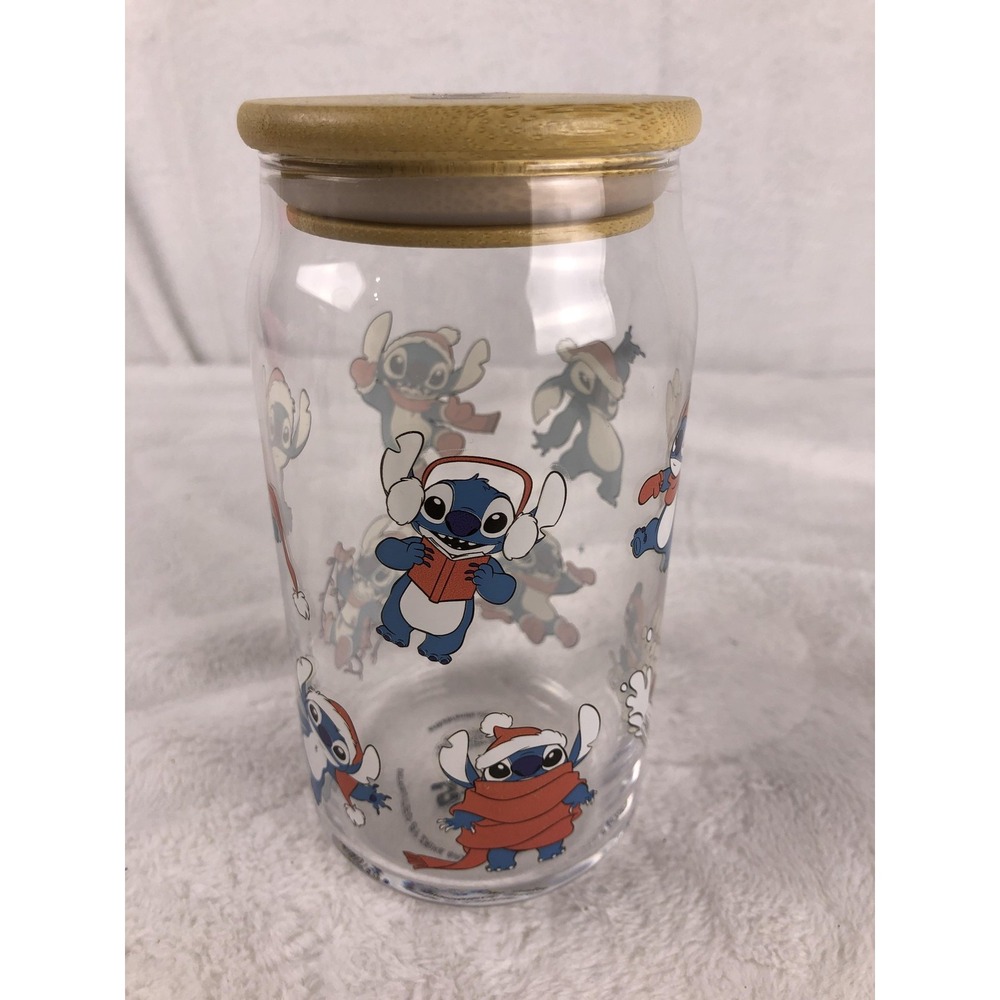 Disney Stitch Holiday Glass Storage Jar Bamboo Lid Christmas Winter Zrike 7"